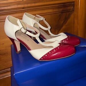 Chelsea Crew Red White T Strap Heels Women 8 Retro Rockabilly Pinup Shoes